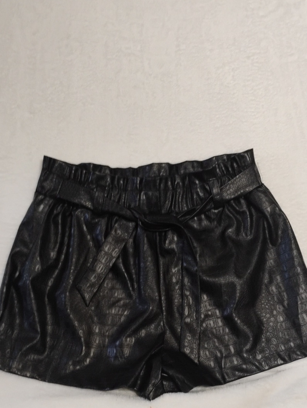 High-Waist Faux Leather Paperbag Shorts - Black